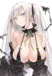 Rule 34 | 1girl, bare shoulders, black choker, black kimono, black tail, breasts, choker, cleavage, clothes down, cross, cross earrings, demon tail, ear piercing, earrings, frilled choker, frills, green ribbon, hair tie, halterneck, highres, huge breasts, inverted cross, japanese clothes, jewelry, kimono, koga taiga, long hair, long sleeves, looking at viewer, mole, mole on breast, obi, original, piercing, pointy ears, purple eyes, purple sash, ribbon, ribbon choker, sash, sidelocks, slit pupils, solo, tail, very long hair, white hair, wide sleeves