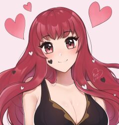 Rule 34 | 1girl, bare shoulders, breasts, cleavage, commentary, fire emblem, fire emblem engage, head tilt, heart, highres, large breasts, long hair, nintendo, pink background, pink eyes, purrlucii, red hair, solo, upper body, very long hair, yunaka (fire emblem)
