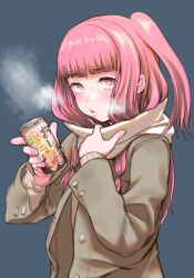 Rule 34 | 1girl, blush, breath, brown coat, can, coat, cold, commentary request, enpera, furrowed brow, grey background, hands up, highres, holding, holding can, incoming drink, kotonoha akane, lips, long hair, looking at viewer, mashima jirou, one side up, open clothes, open coat, open mouth, pink eyes, pink hair, ribbed sweater, scarf, scarf pull, shiruko (food), sidelocks, simple background, solo, sweater, translation request, upper body, upturned eyes, voiceroid, white scarf, white sweater