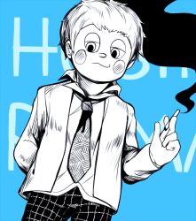 Rule 34 | 1boy, between fingers, blue background, blush stickers, character name, cigarette, closed mouth, collared shirt, commentary, cowboy shot, danganronpa (series), danganronpa v3: killing harmony, ear piercing, english commentary, expressionless, greyscale with colored background, half-closed eyes, holding, holding cigarette, hoshi ryoma, jacket, loiodg, long sleeves, looking at viewer, male focus, necktie, official alternate costume, open clothes, open jacket, pants, piercing, plaid, plaid pants, school uniform, shirt, short hair, simple background, smoke, solo, wavy mouth