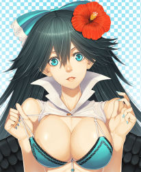 Rule 34 | 1girl, bad id, bad pixiv id, bikini, bikini pull, black hair, black wings, breasts, checkered background, cleavage, clothes pull, female focus, flower, green bikini, green eyes, hair flower, hair ornament, hibiscus, large breasts, long hair, looking at viewer, ogino (oginogino), open mouth, pulling own clothes, reiuji utsuho, smile, solo, swimsuit, touhou, upper body, wings