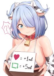 Rule 34 | !?, 1girl, absurdres, animal ears, aqua eyes, bell, belt collar, bikini, blue hair, breasts, breasts on tray, cleavage cutout, closed mouth, clothing cutout, collar, collarbone, cow ears, cow horns, elira pendora, fake animal ears, fake horns, hair over one eye, head wings, highres, horns, large breasts, like and retweet, looking at object, medium hair, micro bikini, narrowed eyes, neck bell, nijisanji, nijisanji en, simple background, sleepypudding, solo, surprised, swimsuit, tray, upper body, virtual youtuber, white background, wings
