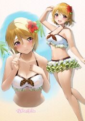 Rule 34 | 1girl, :d, absurdres, arm up, bikini, breasts, brown hair, cleavage, collarbone, flower, frilled bikini, frills, hair between eyes, hair flower, hair ornament, highres, koizumi hanayo, love live!, love live! school idol project, medium breasts, multiple views, nakano maru, open mouth, pink eyes, short hair, smile, standing, swimsuit, v, white bikini