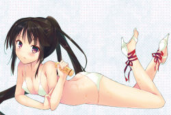 Rule 34 | 1girl, ankle lace-up, ass, bad id, bad pixiv id, bikini, black hair, cross-laced footwear, feet, high heels, ise (velvet088), long hair, lotion, lying, on stomach, open shoes, ponytail, purple eyes, sandals, shoes, solo, swimsuit, toeless footwear, white bikini