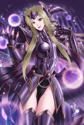 Rule 34 | 1girl, armor, armored leotard, artist request, blonde hair, breastplate, breasts, fingerless gloves, gauntlets, genderswap, genderswap (mtf), gloves, leotard, leotard under clothes, long hair, looking at viewer, medium breasts, phantasos, revealing clothes, saint seiya, saint seiya: the lost canvas, shiny clothes, shiny skin, smile, solo, tiara, tongue, tongue out, very long hair, wide hips, wings