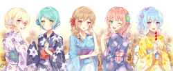 Rule 34 | &gt;:(, 10s, 5girls, :d, ;d, alternate hairstyle, aqua hair, bad id, bad pixiv id, bang dream!, blonde hair, blue flower, blue hair, blue kimono, blush, braid, clenched hand, commentary request, crown braid, floral background, floral print, flower, french braid, green eyes, hair bun, hair flower, hair ornament, hair over shoulder, hair up, hand on own elbow, hand up, highres, hikawa sayo, holding, ichigaya arisa, japanese clothes, kimono, light blue hair, light brown hair, long sleeves, looking at viewer, looking back, matsubara kanon, medium hair, multiple girls, obi, one eye closed, open mouth, pink hair, ponytail, purple eyes, purple flower, red flower, round teeth, sash, shirasagi chisato, sidelocks, single braid, single hair bun, skewer, smile, standing, steepled fingers, striped clothes, striped kimono, sunflower, taya oco, teeth, uehara himari, upper body, upper teeth only, v-shaped eyebrows, vertical-striped clothes, vertical-striped kimono, water drop, white flower, white kimono, wide sleeves, x hair ornament, yellow kimono