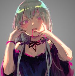 Rule 34 | 10s, 1girl, :d, blush, choker, commentary request, dress, fangs, grey background, grey hair, hands up, head tilt, long hair, looking at viewer, low twintails, noccu, open mouth, pink choker, pink eyes, pink neckwear, pink ribbon, purple dress, ribbon, ribbon choker, simple background, smile, solo, sophie twilight, tonari no kyuuketsuki-san, twintails, upper body, wide sleeves, yandere trance