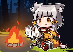 Rule 34 | 1girl, animal ear fluff, animal ears, blush stickers, campfire, chibi, closed mouth, facial mark, farrel kb, fire, forest, full body, gloves, grey hair, hair ribbon, highres, jumpsuit, long sleeves, nature, nia (xenoblade), night, outdoors, outline, puffy long sleeves, puffy sleeves, ribbon, shoe soles, sitting, smile, solo, tree, white gloves, white outline, xenoblade chronicles (series), xenoblade chronicles 2, yellow jumpsuit, yellow ribbon