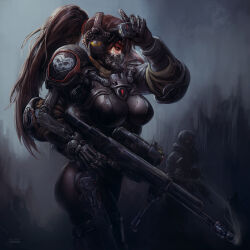 Rule 34 | 1boy, 1girl, armor, black gloves, breasts, brown hair, commentary, elbow pads, english commentary, from side, gloves, grey background, gun, heart, helmet, highres, holding, holding gun, holding weapon, kory cromie, large breasts, long hair, mask, mouth mask, original, power armor, rifle, science fiction, scope, sniper rifle, very long hair, weapon