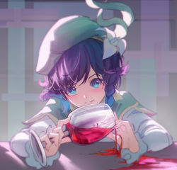 Rule 34 | 1boy, alcohol, androgynous, ayanon (jkju5223), bad id, bad pixiv id, beret, black hair, blue hair, blurry, braid, cape, collared cape, collared shirt, cup, drinking glass, flower, frilled sleeves, frills, genshin impact, gradient hair, green eyes, green hat, hat, hat flower, holding, holding cup, leaf, long sleeves, looking at viewer, male focus, multicolored hair, open mouth, shirt, short hair with long locks, simple background, smile, solo, spilling, twin braids, venti (genshin impact), white flower, wine, wine glass
