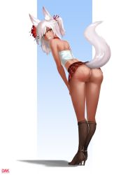 Rule 34 | 1girl, absurdres, animal ears, ass, back, bare arms, bare shoulders, bent over, boots, borrowed character, brown eyes, brown footwear, choker, commentary, flower, fox ears, fox tail, from behind, genkai zero, grin, hair flower, hair ornament, high heel boots, high heels, highres, knee boots, legs together, long legs, looking at viewer, looking back, microskirt, no panties, original, pleated skirt, pussy, red choker, red skirt, second-party source, side ponytail, signature, skirt, slap mark, smile, standing, strapless, tail, tail raised, tube top, white hair