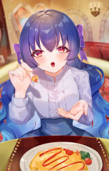 Rule 34 | 1girl, aikatsu! (series), aikatsu friends!, blue hair, blurry, blurry background, blush, center frills, feeding, food, frills, gradient hair, highres, holding, holding spoon, incoming food, indoors, long hair, long sleeves, looking at viewer, momongapoketto, multicolored hair, omelet, omurice, open mouth, plate, purple hair, red eyes, shirayuri kaguya, shirt tucked in, skirt, solo, spoon, table, tomato, v-shaped eyebrows, very long hair, wavy hair