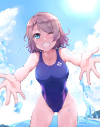 Rule 34 | 1girl, blue eyes, blue one-piece swimsuit, breasts, cleavage, cloud, cloudy sky, collarbone, covered navel, cowboy shot, day, gluteal fold, grey hair, grin, highres, kanabun, leaning forward, looking at viewer, love live!, love live! sunshine!!, medium breasts, one-piece swimsuit, one eye closed, short hair, sky, smile, solo, splashing, swept bangs, swimsuit, watanabe you, water drop