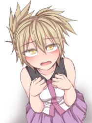 Rule 34 | 1girl, bare shoulders, blonde hair, collarbone, cowboy shot, from above, furrowed brow, hair between eyes, hands up, kuroba rapid, looking at viewer, open mouth, pleated skirt, pointy hair, purple skirt, shadow, shirt, short hair, simple background, skirt, solo, tearing up, touhou, toyosatomimi no miko, upturned eyes, white background, white shirt, yellow eyes