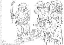 Rule 34 | 1boy, 4girls, breasts, elf, female orc, knife, monochrome, multiple girls, orc, pointy ears, sword, tagme, tattoo, weapon, you gonna get raped