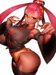 Rule 34 | 1girl, adapted costume, ass, bare shoulders, blush, breasts, can, chinese clothes, covered erect nipples, cowboy shot, creatures (company), dark-skinned female, dark skin, detached sleeves, drink can, earrings, fingernails, fumio (rsqkr), game freak, grin, hair ornament, highres, jewelry, large breasts, long hair, looking at viewer, nail polish, nintendo, pink hair, pokemon, pokemon masters ex, punk girl (pokemon), red eyes, red thighhighs, sharp fingernails, sharp teeth, simple background, smile, smug, soda can, solo, striped clothes, striped thighhighs, teeth, thighhighs, thighs, white background