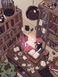 Rule 34 | 1girl, absurdres, ahoge, bad id, bad pixiv id, black cat, book, bookshelf, bottle, brown hair, cage, candle, cat, coraman, cupboard, desk, eyeball, fantasy, from above, gloves, highres, incense, indoors, jar, magic, mushroom, open book, original, paper, quill, scenery, sitting, skeleton, solo, spill, test tube, test tube rack