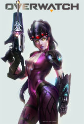 Rule 34 | 1girl, bodysuit, breasts, center opening, colored sclera, colored skin, gun, head-mounted display, heri irawan, highres, image sample, lips, long hair, overwatch, overwatch 1, ponytail, purple hair, purple skin, realistic, rifle, sniper rifle, solo, weapon, widowmaker (overwatch), yellow eyes, yellow sclera
