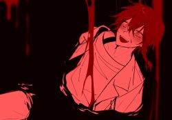 Rule 34 | 1boy, black background, blood, blood on clothes, blood on face, blush, braid, fangs, haebu, lab coat, long sleeves, maeno aki, male focus, open mouth, red eyes, red hair, shirt, short hair, short hair with long locks, smile, solo, spoilers, white shirt, zeno (game)