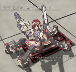 Rule 34 | 1girl, armored core, armored core nexus, female focus, from software, full body, gun, hier, lowres, mecha musume, sitting, solo, weapon