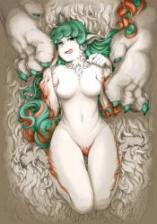 Rule 34 | 1girl, animal ears, barefoot, body fur, breasts, breasts apart, curly hair, from above, full body, furry, furry female, green eyes, green hair, highres, horns, komainu, komano aunn, licking lips, long hair, looking at viewer, lying, medium breasts, multicolored hair, nude, on back, red hair, shiratama (irodoli), single horn, solo, thigh gap, tongue, tongue out, touhou, two-tone hair, very long hair
