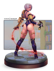 Rule 34 | 1girl, armor, ass, boots, breasts, corecyanx, high heel boots, high heels, highres, isabella valentine, large breasts, leotard, lipstick, looking at viewer, looking back, makeup, short hair, solo, soul calibur, standing, thigh boots, thighhighs, thong leotard, weapon, whip sword, white hair