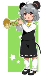 Rule 34 | 1girl, ahoge, animal ears, black footwear, black skirt, black vest, blush, commentary request, cookie (touhou), flat chest, full body, gomibako (5zu4bi5tkssxkah), green background, grey hair, hair between eyes, highres, holding, holding instrument, instrument, long sleeves, looking at viewer, mary janes, mouse ears, mouse girl, mouse tail, nazrin, nyon (cookie), open mouth, red eyes, shirt, shoes, short hair, skirt, smile, socks, solo, star (symbol), tail, touhou, trumpet, two-tone background, vest, white shirt, white socks