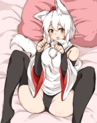 Rule 34 | 1girl, absurdres, animal ear fluff, animal ears, bare shoulders, black panties, black thighhighs, blush, bridal gauntlets, detached sleeves, fang, folded, hat, highres, houkai (collapse illust), inubashiri momiji, no pants, on bed, open mouth, panties, paw pose, pillow, pom pom (clothes), short hair, solo, spread legs, tail, thighhighs, tokin hat, touhou, underwear, white hair, wide sleeves, wolf ears, wolf tail, yellow eyes