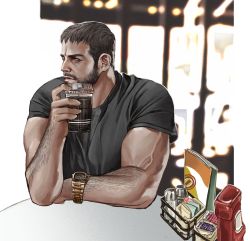Rule 34 | 1boy, alleveolive, arm hair, bara, black hair, black shirt, blue eyes, chris redfield, cup, disposable cup, facial hair, highres, holding, holding cup, male focus, muscular, muscular male, resident evil, resident evil village, shirt, short hair, solo, watch, wristwatch