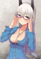 Rule 34 | 1girl, adjusting eyewear, animal ears, bespectacled, blue shirt, breasts, cleavage, commentary request, eila ilmatar juutilainen, glasses, grin, jewelry, lace, lace-trimmed shirt, lace trim, long hair, long sleeves, looking at viewer, medium breasts, necklace, no bra, partial commentary, partially unbuttoned, purple eyes, red-framed eyewear, ribbed shirt, samaru (seiga), semi-rimless eyewear, shirt, silver hair, smile, solo, strike witches, tail, tooth necklace, under-rim eyewear, upper body, world witches series