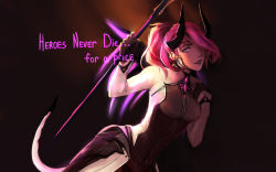 Rule 34 | 1girl, absurdres, armor, backlighting, bodysuit, breasts, brown background, clenched hand, cowboy shot, dark background, dark persona, demon horns, demon tail, english text, facial mark, faulds, forehead mark, glowing, glowing wings, hair over one eye, hand on own chest, highres, holding, holding staff, horns, imp mercy, leaning forward, light rays, lips, lipstick, looking at viewer, makeup, mechanical wings, mercy (overwatch), official alternate costume, overwatch, overwatch 1, parted lips, ponytail, purple eyes, purple hair, purple wings, small breasts, solo, staff, tail, toro-ro, wings
