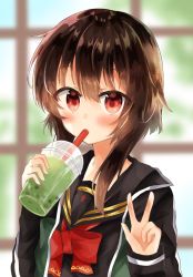 Rule 34 | 1girl, absurdres, alternate costume, blurry, blurry background, blush, bow, brown hair, commentary request, cross, drink, drinking straw, highres, holding, holding drink, jacket, kono subarashii sekai ni shukufuku wo!, long sleeves, looking at viewer, megumin, red bow, school uniform, solo, w, yuno (suke yuno)