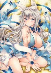 Rule 34 | 1girl, animal ear fluff, animal ears, azur lane, bare shoulders, blue butterfly, blue collar, blue dress, blue eyes, breasts, bug, butterfly, cleavage, collar, dress, evening gown, feather boa, fox ears, fox girl, hair between eyes, halter dress, halterneck, highres, huge breasts, insect, kitsune, kyuubi, large tail, layered dress, long hair, looking at viewer, marker (medium), multiple tails, saya pr, shinano (azur lane), shinano (dreams of the hazy moon) (azur lane), silver hair, sleeveless, sleeveless dress, solo, tail, traditional media, white tail, wrist flower