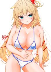 Rule 34 | 1girl, akai haato, areola slip, bare arms, bare shoulders, bikini, blonde hair, blue bikini, blue eyes, blush, breasts, cleavage, collarbone, commentary request, hair ornament, hair ribbon, heart, heart hair ornament, heart print, hololive, kokechan, large breasts, long hair, looking at viewer, one side up, red ribbon, ribbon, side-tie bikini bottom, simple background, sitting, smile, solo, swimsuit, very long hair, virtual youtuber, white background, white bikini