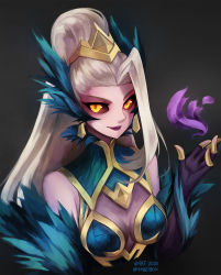 Rule 34 | 1girl, artist name, bare shoulders, breasts, cleavage, closed mouth, coven zyra, earrings, elbow gloves, forehead, fur trim, gloves, gold trim, gradient background, hair ornament, hand up, high ponytail, jewelry, league of legends, long hair, looking at viewer, makeup, mascara, mixed-language commentary, platinum blonde hair, simple background, smile, solo, upper body, vmat, white hair, yellow eyes, zyra