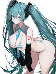 1girl absurdres alternate_breast_size aqua_eyes aqua_hair aqua_nails areola_slip arm_tattoo bent_over between_breasts bikini blue_bikini blue_necktie blush breasts commentary detached_sleeves double-parted_bangs feet_out_of_frame grey_shirt grin hair_between_eyes hatsune_miku headset heart heart-shaped_pupils highres large_breasts long_hair looking_at_viewer meme_attire micro_bikini microphone miku_collar_bikini nail_polish necktie necktie_between_breasts number_tattoo revision shirt simple_background sleeves_past_wrists smile solo standing string_bikini striped_bikini striped_clothes swimsuit symbol-shaped_pupils tattoo tie_clip twintails two-tone_bikini very_long_hair vocaloid vxdrq white_background white_bikini wing_collar