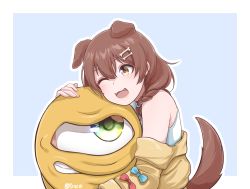Rule 34 | 1girl, :3, animal ears, bare shoulders, blue bow, blush, bone hair ornament, bow, braid, brown eyes, brown hair, clenched teeth, crossover, disco brando, dog ears, dog girl, dog tail, dress, hair between eyes, hair ornament, highres, hololive, hug, inugami korone, inugami korone (1st costume), jacket, long sleeves, low twin braids, medium hair, monster, monster farm, off-shoulder dress, off shoulder, one-eyed, one eye closed, open clothes, open jacket, open mouth, red bow, smile, suezo, tail, teeth, twin braids, twitter username, two-tone background, upper body, virtual youtuber, yellow jacket