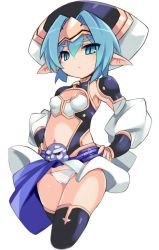 Rule 34 | 1girl, black thighhighs, blue hair, cameltoe, cleavage cutout, cleft of venus, clothing cutout, expressionless, female focus, hands on own hips, hellmatio, karukan (monjya), panties, pointy ears, shinrabanshou, simple background, solo, thighhighs, underwear, white background