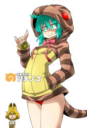 Rule 34 | &gt;:), 2girls, absurdres, animal ears, aono3, aqua eyes, aqua hair, blonde hair, breasts, character name, hand in pocket, highres, hip focus, hood, hoodie, japari coin, japari symbol, kemono friends, long sleeves, medium breasts, multiple girls, outline, panties, pantyshot, red panties, serval (kemono friends), shirt, short hair, small breasts, smile, snake tail, solo focus, standing, tail, thighs, translated, tsuchinoko (kemono friends), underwear, v-shaped eyebrows, white background, white shirt