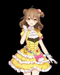 Rule 34 | 1girl, ahoge, animated, animated gif, artist request, ascot, breasts, brown hair, cowboy shot, dress, epaulettes, closed eyes, frilled dress, frills, girl cafe gun, gloves, hair bun, hair ornament, hands up, heart, licking lips, live2d, long hair, looking at viewer, medium breasts, official art, one eye closed, one side up, open mouth, orange eyes, side bun, single side bun, smile, solo, standing, su xiaozhen, tongue, tongue out, transparent background, white gloves, wing collar, yellow dress