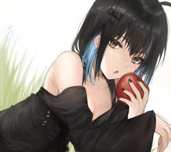 Rule 34 | 1girl, absurdres, ahoge, apple, bare shoulders, black dress, black hair, black nails, black ribbon, blue hair, blush, breasts, brown eyes, cleavage, collarbone, commentary, dress, english commentary, food, fruit, grass, hair ribbon, highres, holding, holding food, holding fruit, irene (kanniiepan), kanniiepan, long sleeves, medium hair, mole, mole under eye, multicolored hair, nail polish, open mouth, original, ribbon, solo, upper body, white background