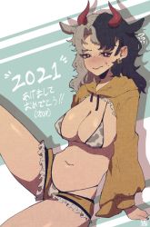 Rule 34 | 1girl, 2021, animal print, arm support, bikini, black hair, breasts, cleavage, closed mouth, commentary request, cow, cow girl, cow horns, cow print, earrings, eyelashes, frilled shorts, frills, grey bikini, grey hair, hood, hood down, hoodie, horns, jewelry, large breasts, legs, long sleeves, medium hair, micro bikini, midriff, multicolored bikini, multicolored clothes, multicolored hair, navel, no nose, open clothes, open hoodie, print bikini, red eyes, short shorts, shorts, sitting, sokura (mochichitose), stomach, sweatdrop, swimsuit, touhou, two-tone hair, ushizaki urumi, white bikini, yellow hoodie, yellow shorts