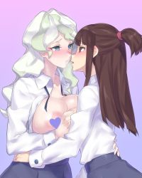 Rule 34 | 2girls, absurdres, blue eyes, blush, grabbing another&#039;s breast, breasts, brown hair, censored, censored nipples, collarbone, collared shirt, commentary request, diana cavendish, eye contact, eyelashes, grabbing, green hair, hair tie, heart, heart censor, highres, kagari atsuko, large areolae, little witch academia, long hair, long sleeves, looking at another, mizuumi (bb), multicolored hair, multiple girls, pleated skirt, red eyes, saliva, saliva trail, shirt, sidelocks, skirt, sweat, teeth, white shirt, yuri