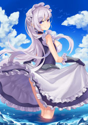 Rule 34 | 1girl, absurdres, armor, ass, azur lane, bare shoulders, belfast (azur lane), black gloves, blue eyes, braid, breasts, clothes lift, collar, covered erect nipples, day, dress, dress lift, eyes visible through hair, fingerless gloves, french braid, frilled dress, frills, gloves, highres, large breasts, long hair, looking at viewer, looking back, maid, maid headdress, mk (lazymk), ocean, outdoors, silver hair, smile, solo, very long hair, wading, water