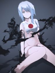Rule 34 | 1girl, closed mouth, collarbone, female focus, grey eyes, koppeosechi, looking at viewer, midriff, navel, no bra, no panties, original, simple background, sitting, solo, white hair