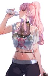 Rule 34 | 1girl, black pants, blouse, bottle, bow (bhp), drinking, holding, holding bottle, holding microphone, hololive, hololive english, jewelry, long hair, looking at viewer, microphone, mori calliope, mori calliope (streetwear), navel, necklace, official alternate costume, pants, pink hair, ponytail, red eyes, shirt, simple background, skull and crossbones, solo, sweat, virtual youtuber, water bottle, wet, wet clothes, wet shirt, white background, white shirt