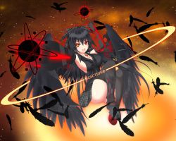Rule 34 | 1girl, alternate weapon, arm cannon, bird wings, black gloves, black hair, black thighhighs, black wings, bow, breasts, cleavage, elbow gloves, energy ball, feathers, gloves, gmot, hair bow, highres, large breasts, long hair, looking at viewer, open mouth, pointing, pointing up, radiation symbol, radiation symbol-shaped pupils, red eyes, reiuji utsuho, shirt, sideboob, skirt, sleeveless, sleeveless shirt, smile, solo, space, star (symbol), symbol-shaped pupils, thighhighs, third eye, touhou, very long hair, weapon, wings, zettai ryouiki