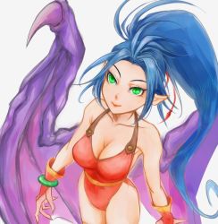 Rule 34 | 1girl, bare shoulders, blue hair, breasts, breath of fire, breath of fire ii, cleavage, closed mouth, dragon girl, dragon wings, green eyes, hair ribbon, leotard, lips, long hair, monster girl, patty the phantom thief, pointy ears, ponytail, ribbon, simple background, solo, white background, wings