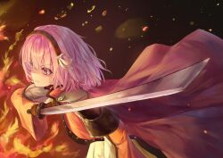Rule 34 | 1girl, armor, cape, fire emblem, fire emblem engage, hair ribbon, hairband, highres, holding, holding sword, holding weapon, lapis (fire emblem), long sleeves, looking to the side, nintendo, pink eyes, pink hair, ribbon, short hair, solar torch, solo, sword, weapon