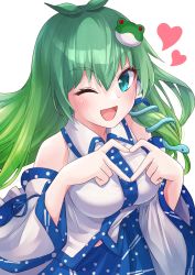 Rule 34 | 1girl, absurdres, antenna hair, bad id, bad twitter id, bare shoulders, bent over, blue skirt, blush, breasts, collared shirt, commentary request, detached sleeves, eyelashes, feet out of frame, frog hair ornament, green eyes, green hair, hair ornament, hair tubes, heart, heart hands, highres, kochiya sanae, large breasts, long hair, long sleeves, looking at viewer, nontraditional miko, one eye closed, open mouth, print skirt, ramie (ramie541), shirt, simple background, skirt, sleeveless, sleeveless shirt, snake hair ornament, solo, standing, tongue, touhou, white background, white shirt, wing collar